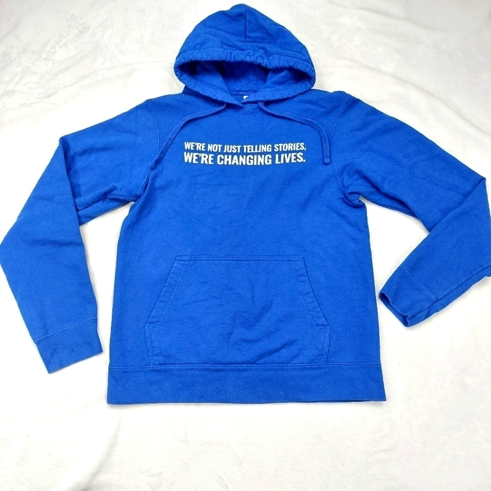 PORT & COMPANY MENS BLUE CHANGING LIVES LONG SLEEVE MOTIVATIONAL HOODIE SZ S